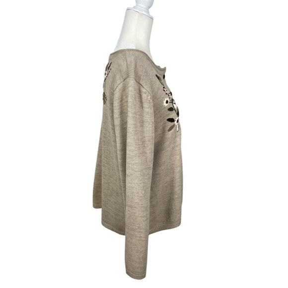 Coldwater Creek Embroidered Button Front Cardigan Sweater Beige Sz Large Holiday - Picture 7 of 14